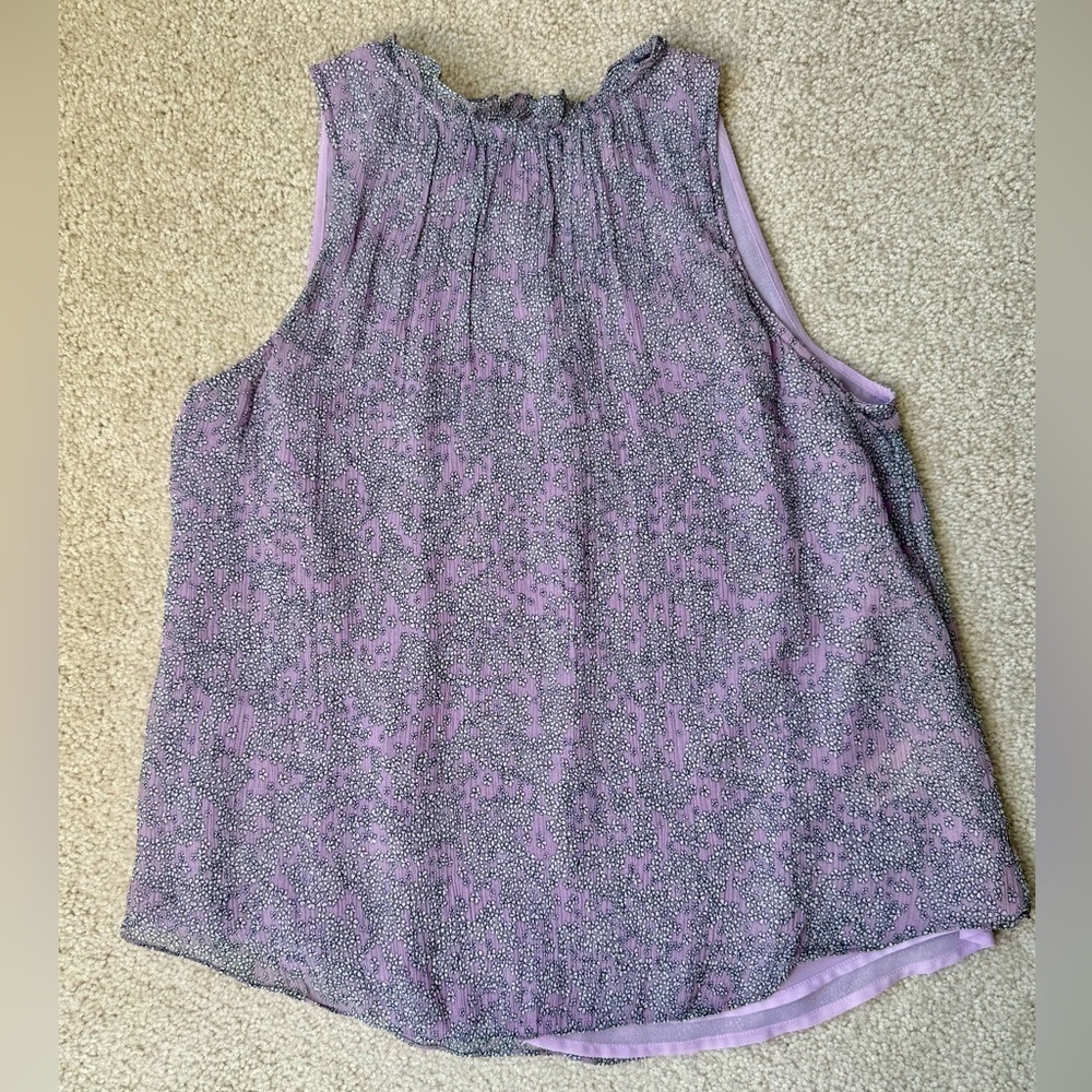 Rebecca Taylor Sleeveless Swing Top Ruffle Neck Silk Lilac Ditsy Floral Size 2